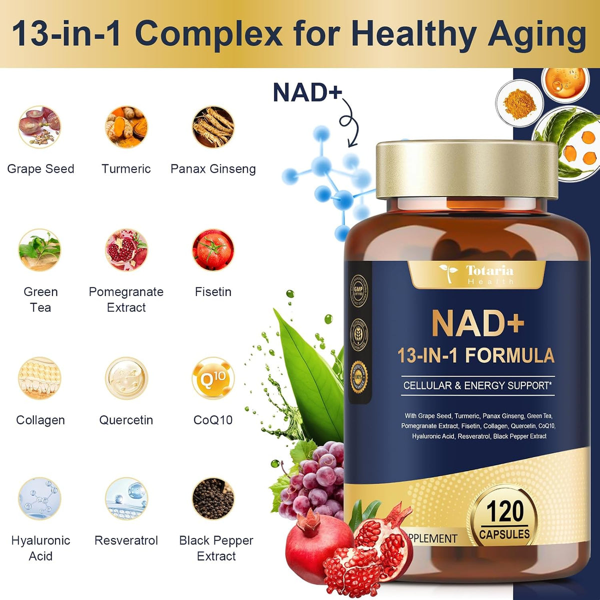 Totaria NAD Supplement for Women & Men with Nicotinamide, Riboside, Resveratrol, Quercetin & Betaine - Increases NAD+ Levels - NAD Plus Supplement to Fight Aging & Ob